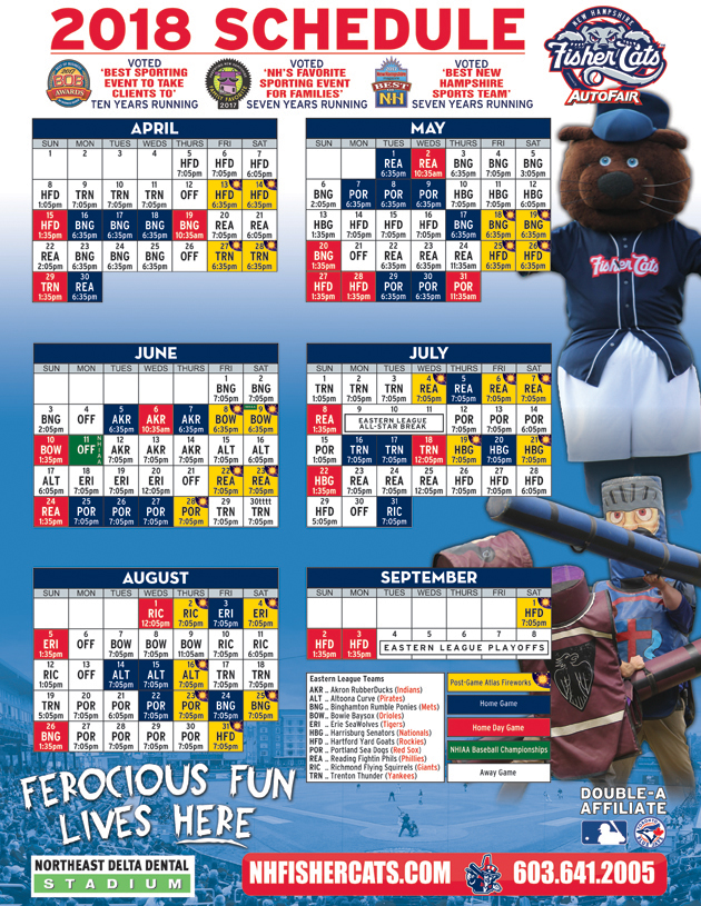 2018 Printable Schedule New Hampshire Fisher Cats Tickets